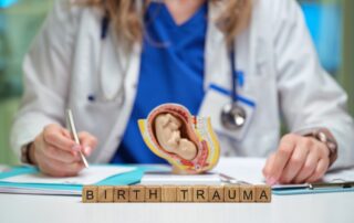 Doctor reviewing birth trauma risks during pregnancy in a Baltimore hospital setting
